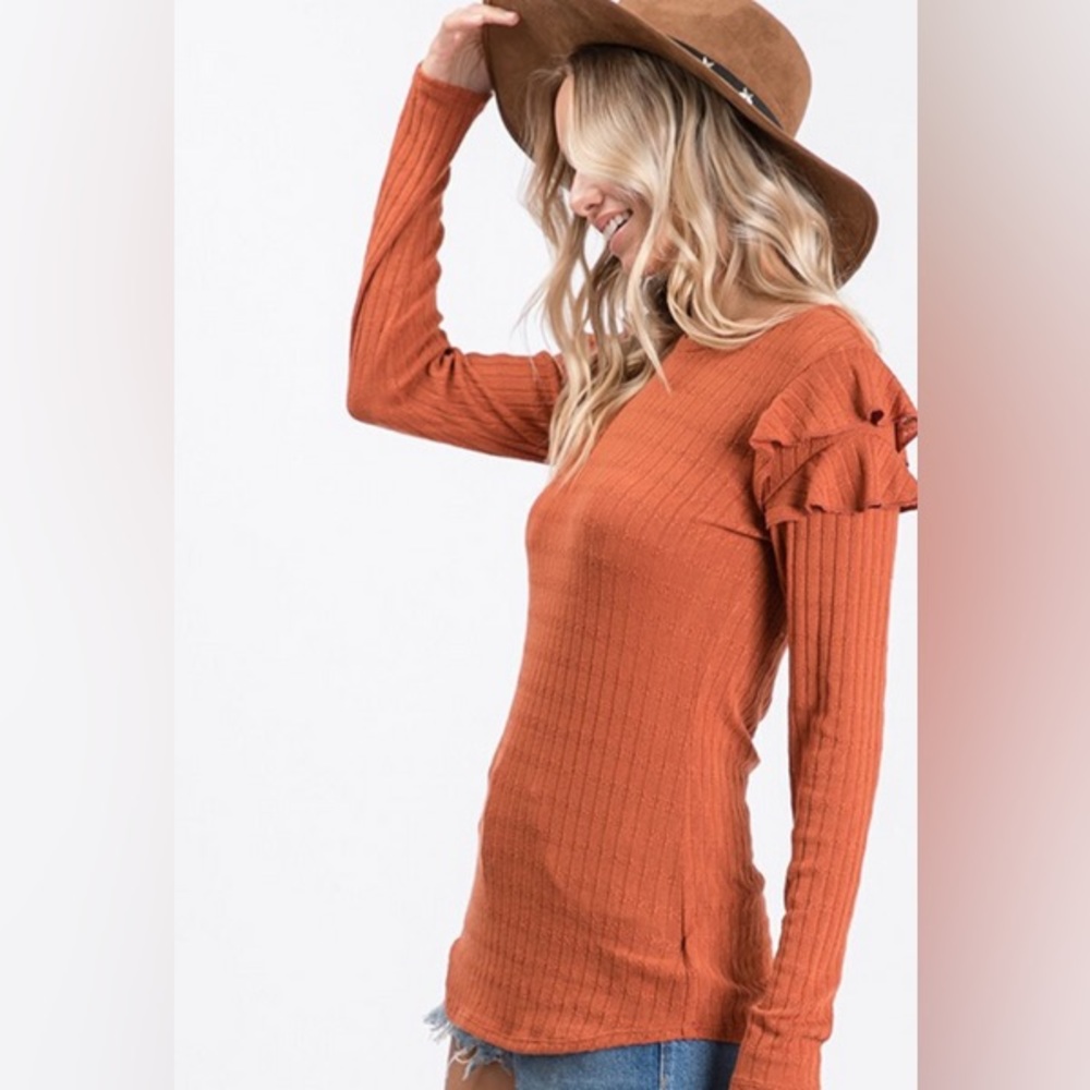 Ces Femme Ruffle Shoulder Ribbed Top - Size Medium, Rust - Picture 5 of 10
